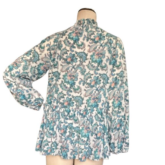 LOFT Sz M BOHO Relaxed Fit Floral Tie Neck Smocked Ruffle Waist Blouse 186E - Picture 5 of 7